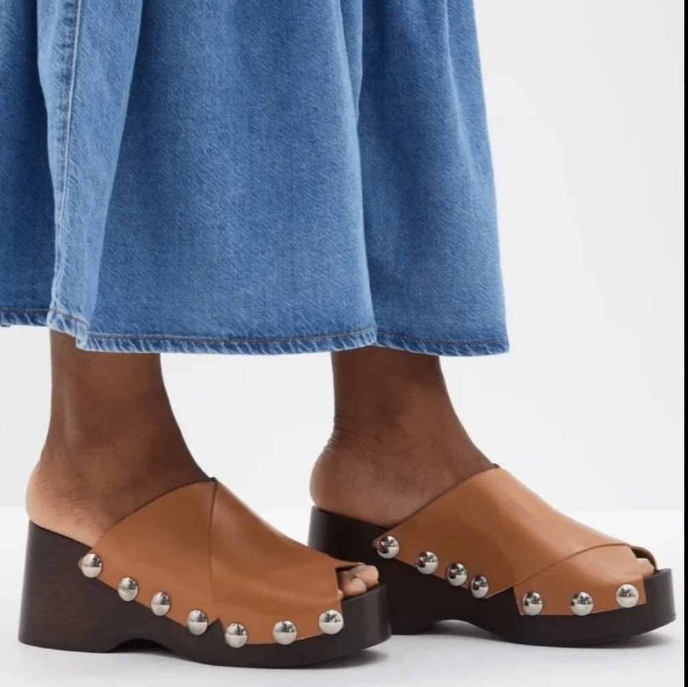 Final Price Ganni Retro Leather Platform Clogs Mules Sandal Tigers Eye MSRP $575 - Picture 7 of 17